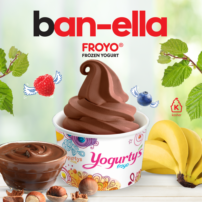 Graphic for Ban-ella Froyo frozen yogurt made with hazelnut-chocolate sauce and banana.