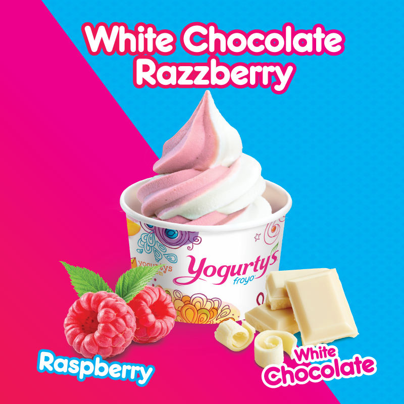 Graphic of White Chocolate Razzberry frozen yogurt swirl made with white chocolate frozen yogurt and raspberry frozen yogurt